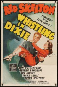 8f965 WHISTLING IN DIXIE style D 1sh '42 art of gun pointed at Red Skelton carrying Ann Rutherford!