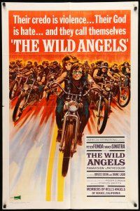 8f970 WILD ANGELS 1sh '66 classic art of biker Peter Fonda & sexy Nancy Sinatra on motorcycle!