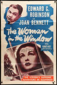 8f978 WOMAN IN THE WINDOW 1sh R53 Fritz Lang, art of Edward G. Robinson & sexy Joan Bennett!