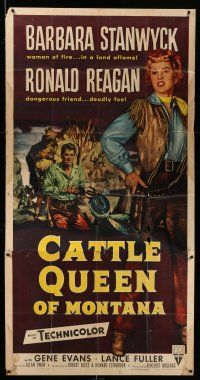 8g641 CATTLE QUEEN OF MONTANA 3sh '54 woman of fire Barbara Stanwyck & deadly foe Ronald Reagan!