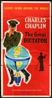 8g713 GREAT DICTATOR 3sh R58 art of Charlie Chaplin by globe, wacky World War II comedy!