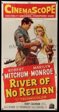8g855 RIVER OF NO RETURN 3sh '54 great artwork of Robert Mitchum grabbing sexy Marilyn Monroe!
