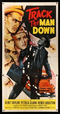 8g943 TRACK THE MAN DOWN 3sh '55 cool art of detective Kent Taylor tracing footsteps, Petula Clark
