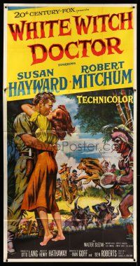 8g981 WHITE WITCH DOCTOR 3sh '53 art of Susan Hayward & Robert Mitchum in African jungle!