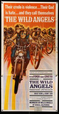8g983 WILD ANGELS 3sh '66 classic image of biker Peter Fonda & sexy Nancy Sinatra on motorcycle!