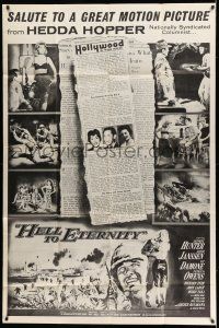 8g285 HELL TO ETERNITY 40x60 '60 Jeffrey Hunter, Patricia Owens, different newspaper style!