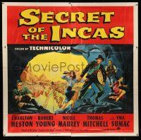 8g515 SECRET OF THE INCAS 6sh '54 art of Charlton Heston, Robert Young & co-stars escaping in cave!