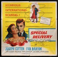 8g531 SPECIAL DELIVERY 6sh '55 Joseph Cotten & Eva Bartok, hilarious international scandal, rare!