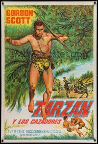 8g219 TARZAN & THE TRAPPERS Argentinean '58 full-length art of Gordon Scott in loincloth with bow!