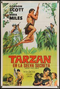 8g221 TARZAN'S HIDDEN JUNGLE Argentinean '55 artwork of Gordon Scott as Tarzan swinging on vine!