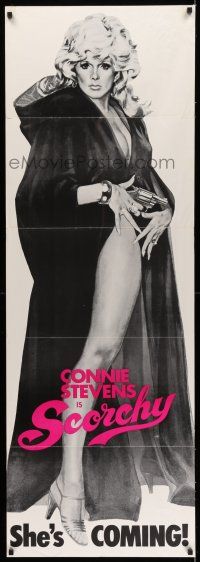 8g318 SCORCHY door panel '76 full-length art of sexy barely-dressed Connie Stevens in black cape!