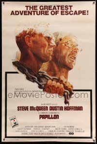 8j334 PAPILLON 40x60 '73 great art of prisoners Steve McQueen & Dustin Hoffman by Tom Jung!