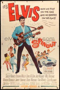 8j348 SPINOUT 40x60 '66 Elvis w/double-necked guitar, foot on the gas & no brakes on the fun!