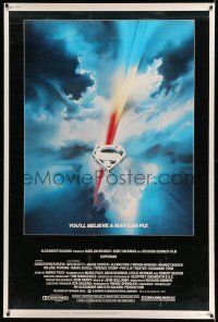 8j353 SUPERMAN 40x60 '78 comic book hero Christopher Reeve, cool Bob Peak logo art!