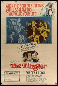 8j362 TINGLER 40x60 '59 Vincent Price, William Castle, terrified audience, presented in Percepto!
