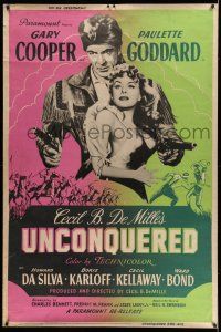 8j367 UNCONQUERED 40x60 R55 art of Gary Cooper holding Paulette Goddard & two guns!