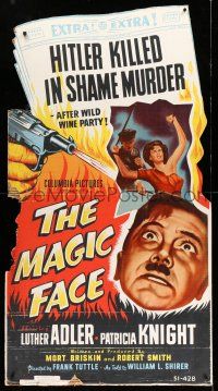 8j425 MAGIC FACE standee '51 Hitler killed in shame murder after wild wine party, newspaper art!
