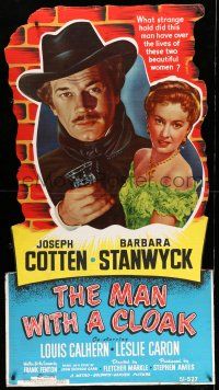 8j426 MAN WITH A CLOAK standee '51 what strange hold did he have over Barbara Stanwyck & Cotten!