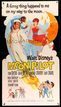 8j429 MOON PILOT standee '62 Disney, art of wacky space man Tom Tryon & moon girl Dany Saval!