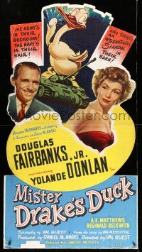 8j430 MISTER DRAKE'S DUCK standee '51 Val Guest, Douglas Fairbanks Jr's duck lays radioactive eggs!