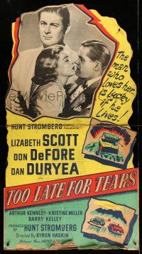8j453 TOO LATE FOR TEARS standee '49 Dan Duryea is lucky he's alive for loving Lizabeth Scott!