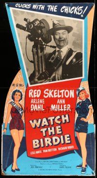 8j458 WATCH THE BIRDIE standee '50 Red Skelton w/camera + art of sexy Ann Miller & Arlene Dahl!