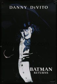 8k091 BATMAN RETURNS undated teaser 1sh '92 close-up of Danny DeVito as the Penguin, Tim Burton!