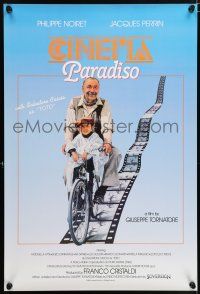 8k159 CINEMA PARADISO int'l 1sh '90 great image of Philippe Noiret & Salvatore Cascio on bike!