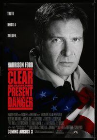 8k163 CLEAR & PRESENT DANGER advance DS 1sh '94 great portrait of Harrison Ford and American flag!