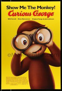 8k187 CURIOUS GEORGE DS 1sh '06 Will Ferrell & Drew Barrymore, art of cute monkey w/ binoculars!
