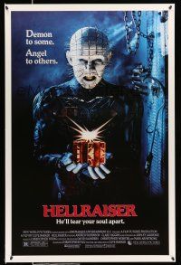 8k328 HELLRAISER 1sh '87 Clive Barker horror, great image of Pinhead, he'll tear your soul apart!