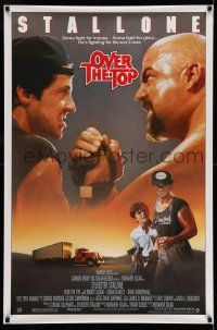 8k564 OVER THE TOP 1sh '87 trucker Sylvester Stallone armwrestling giant guy & with son!