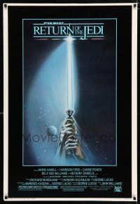 8k619 RETURN OF THE JEDI 1sh '83 George Lucas, art of hands holding lightsaber by Tim Reamer!