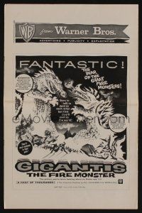 8m464 GIGANTIS THE FIRE MONSTER pressbook '59 cool artwork of Godzilla breathing flames at Angurus!