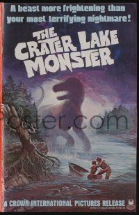 8m385 CRATER LAKE MONSTER pressbook '77 Wil art of dinosaur more frightening than your nightmares!