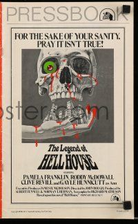 8m547 LEGEND OF HELL HOUSE pressbook '73 great skull & haunted house dripping with blood art!