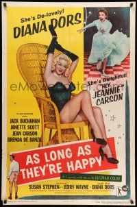 8p045 AS LONG AS THEY'RE HAPPY 1sh '57 sexy Diana Dors barely dressed in wicker chair!
