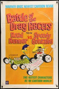 8p065 BATTLE OF THE DRAG RACERS 1sh '66 great art of Speedy Gonzales vs Road Runner in cars!