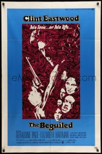 8p069 BEGUILED 1sh '71 cool psychedelic art of Clint Eastwood & Geraldine Page, Don Siegel
