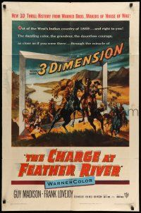 8p160 CHARGE AT FEATHER RIVER 3D 1sh '53 great 3-D art of Guy Madison fighting Native Americans!