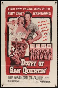 8p253 DUFFY OF SAN QUENTIN 1sh '54 Louis Hayward holds sexy nurse hostage, prison escape artwork!