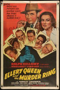 8p263 ELLERY QUEEN & THE MURDER RING 1sh '41 star portraits on ace of spades playing cards!