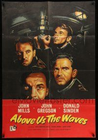 8p012 ABOVE US THE WAVES English 1sh '56 John Mills & English WWII sailors at periscope in sub!