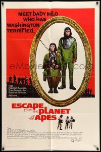 8p268 ESCAPE FROM THE PLANET OF THE APES 1sh '71 meet Baby Milo who has Washington terrified!