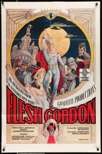 8p304 FLESH GORDON 1sh '74 sexy sci-fi spoof, wacky erotic super hero art by George Barr!