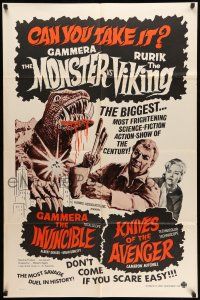 8p340 GAMMERA THE INVINCIBLE/KNIVES OF THE AVENGER 1sh '60s sci-fi horror, can you take it?!