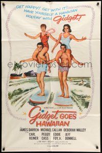 8p346 GIDGET GOES HAWAIIAN 1sh '61 best image of two guys surfing with girls on their shoulders!