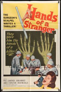 8p384 HANDS OF A STRANGER 1sh '62 cool hand transplant surgery & X-ray image!
