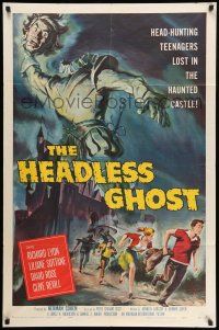 8p403 HEADLESS GHOST 1sh '59 head-hunting teenagers lost in the haunted castle, cool art by Brown!
