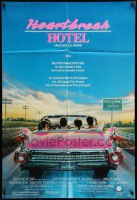 8p405 HEARTBREAK HOTEL 1sh '88 great art of Elvis in the back of a pink Cadillac!